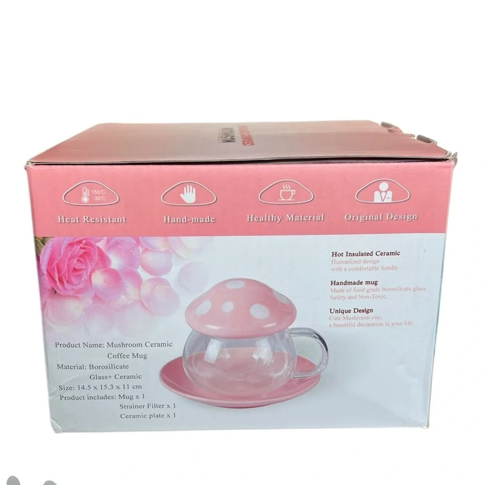 NIB Blue Mushroom Glass Tea Cup With Infuser Lid Saucer